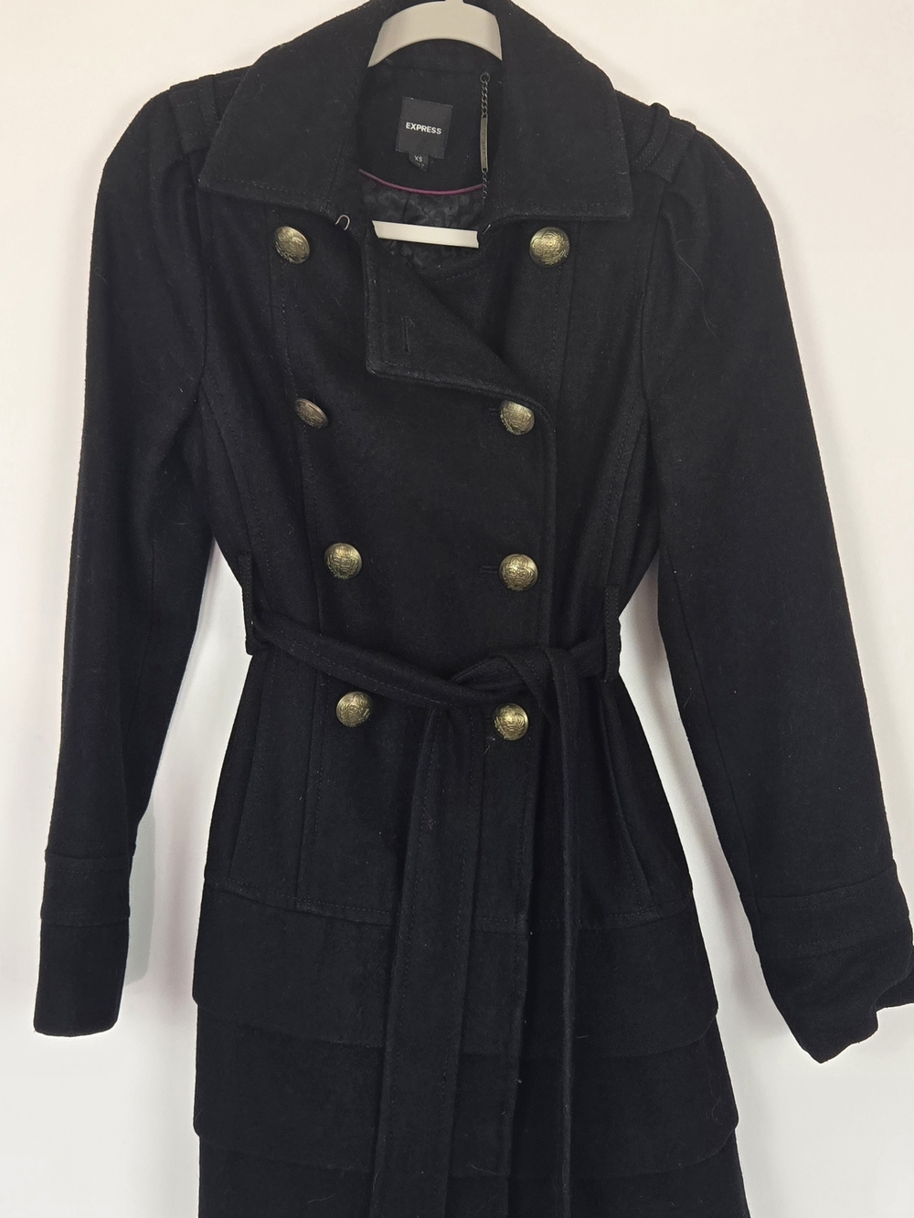 Express Women's Black Wool Double Breasted Belted Peacoat with Brass Buttons